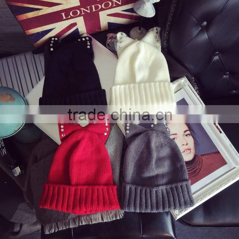 Fashion Charm Ladies Rhinestone Jewelry Pearl Bowknot Ear Cap Hat Beanie
