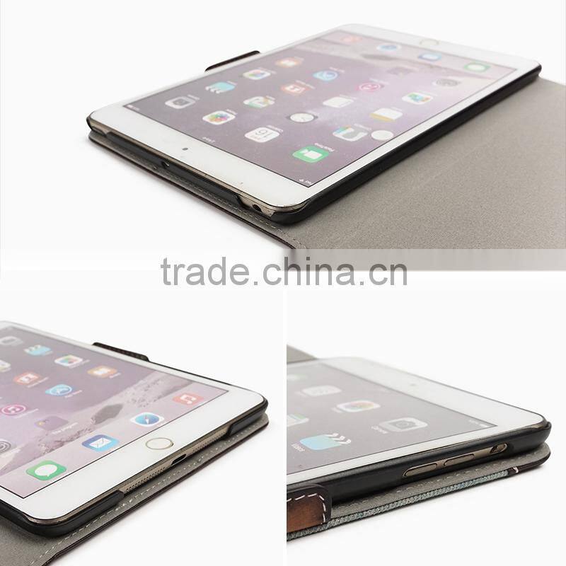 Cowboy Design Jeans/Denim Fabric With Brush-Off Leather Trimming Tablet Case For iPad Air2 OEM/ODM