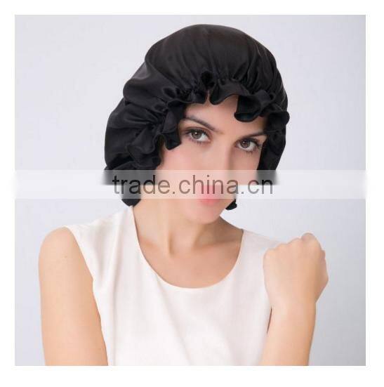 amazon over size double layer black satin+eva shower cap