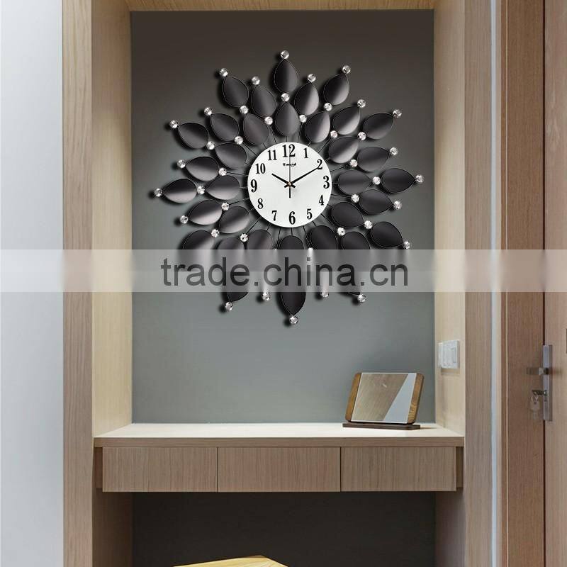Hot seling black leaves wall clock whit diamonds big size