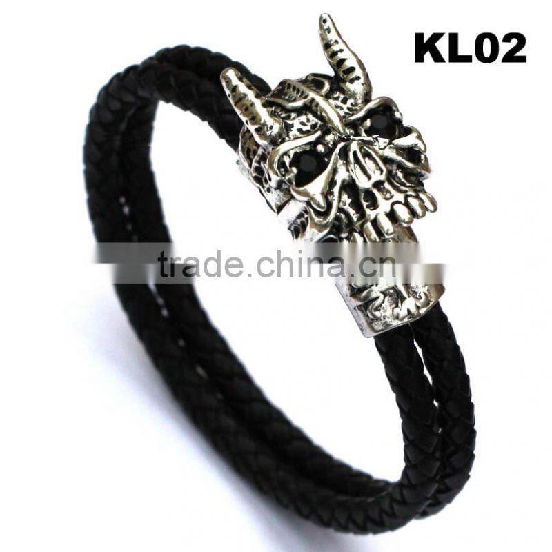 Black Leather Braided Wristband Tibetan Silver Clasp Men Punk Skull Bracelet