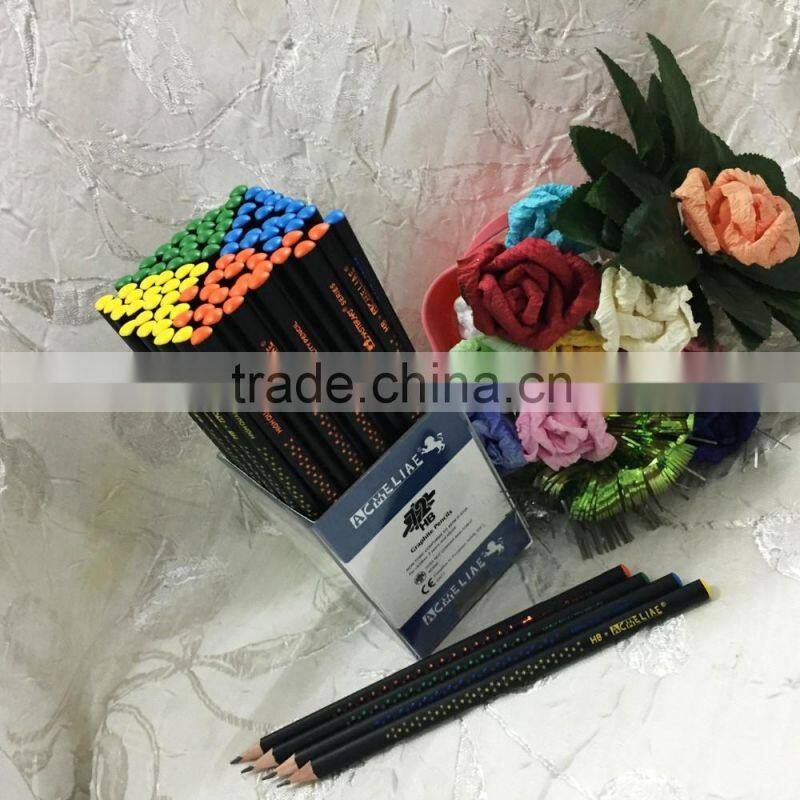 7" standard size triangular shape soft wood 72pcs matt black body HB pencil with dipped top