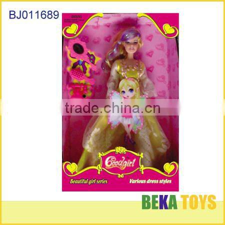 Europe style girl doll light yellow dress and fashion purple hair girl doll with cosmetic accessories