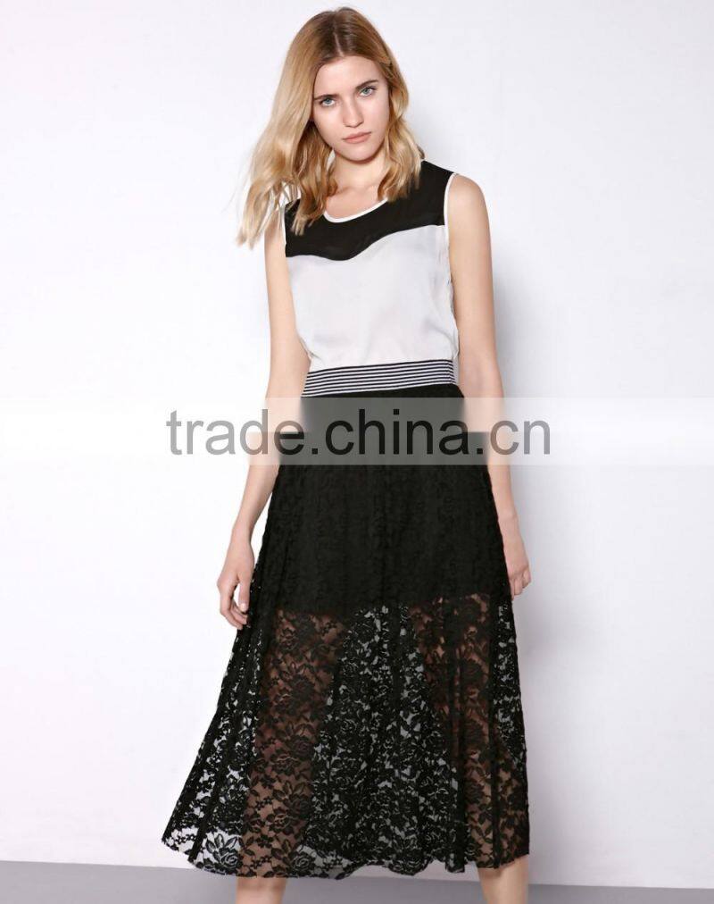 2016 Fashion Women Black Hollow Lace Midi Skirt