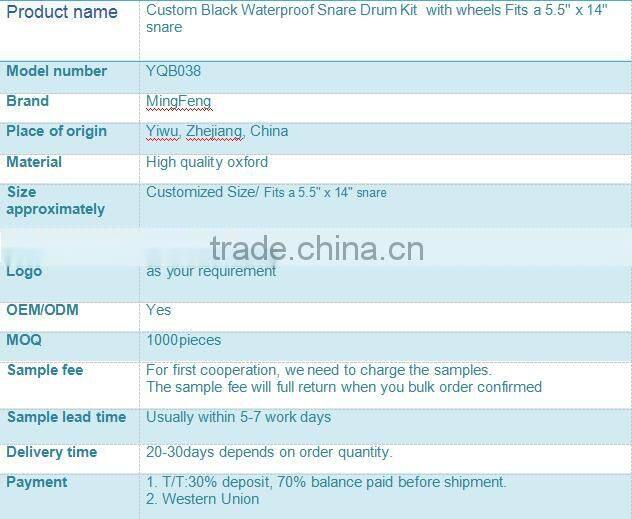 Custom Black Waterproof Snare Drum Kit with wheels Fits a 5.5" x 14" snare