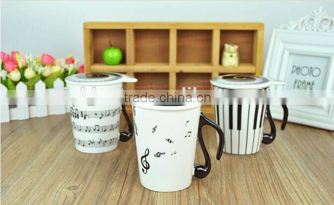 creative music note stave and piano ceramic breakfast mugw ith lid and black handle