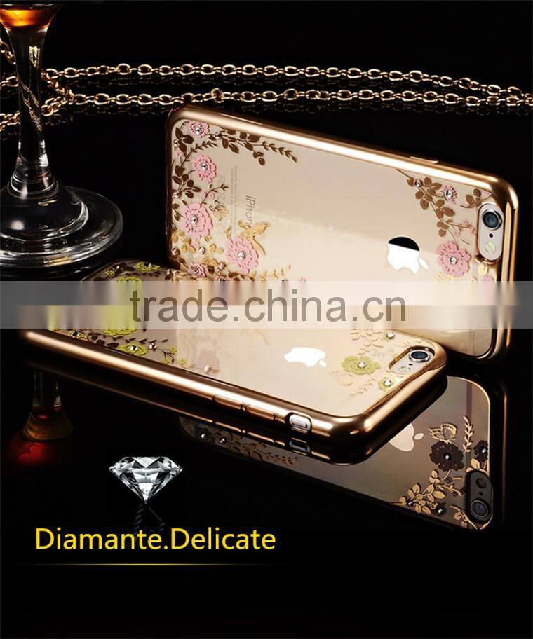 Hot Selling Luxury Garden Style Crystal Clear Soft TPU Diamante Eletroplated Case for Iphone 6