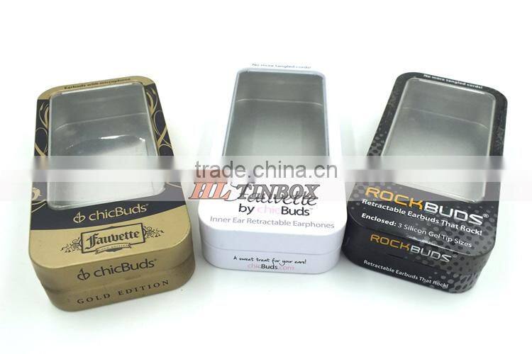 Rectangular Earphone Tin Boxes/Tin Cans with PVC PET Window
