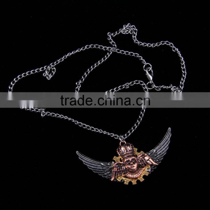 2015 yiwu fashion imitation jewelry hot sale new arrive steampunk gear angel wings pendant statement necklace key chain