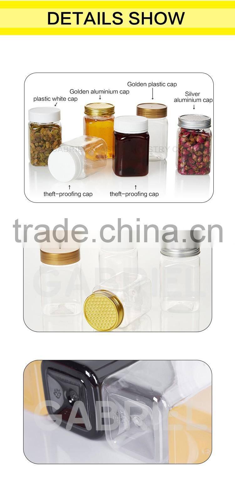 Gold cap transparent plastic bottle Screen Printing Surface Handling plastic jar food grade square honey bottle