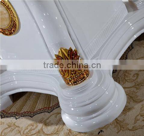 Chinese style dining room furniture, solid wood white and gold color marble top lazy susan diing table