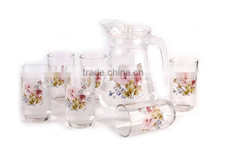 2015 new hot selling drinking glassware set, glass 7pcs water set with decal