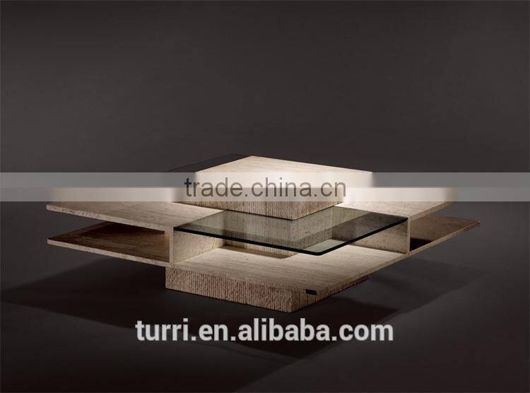 Austere white marble TV stand with tempered glass top