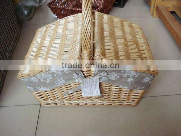 Empty rectangle wicker gift basket with lid and handle