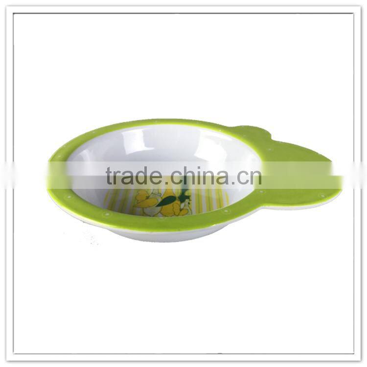 Western style chilidren dinnerware green lovely printed custom printed plastic bowl, melamine plastic baby bowl with handle