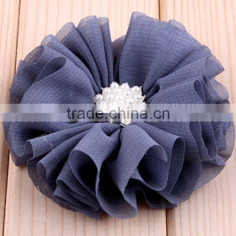 hot cutting chiffon flower with pearl bead center for kids hair accessories