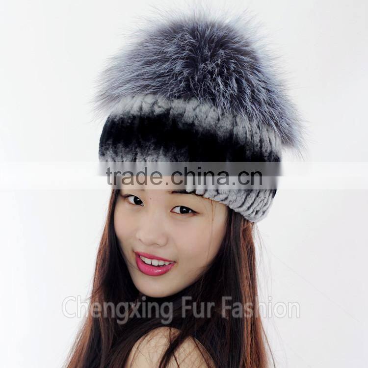 CX-C-244E Rex Rabbit Fur Knitted Cap And Hat Black Frost