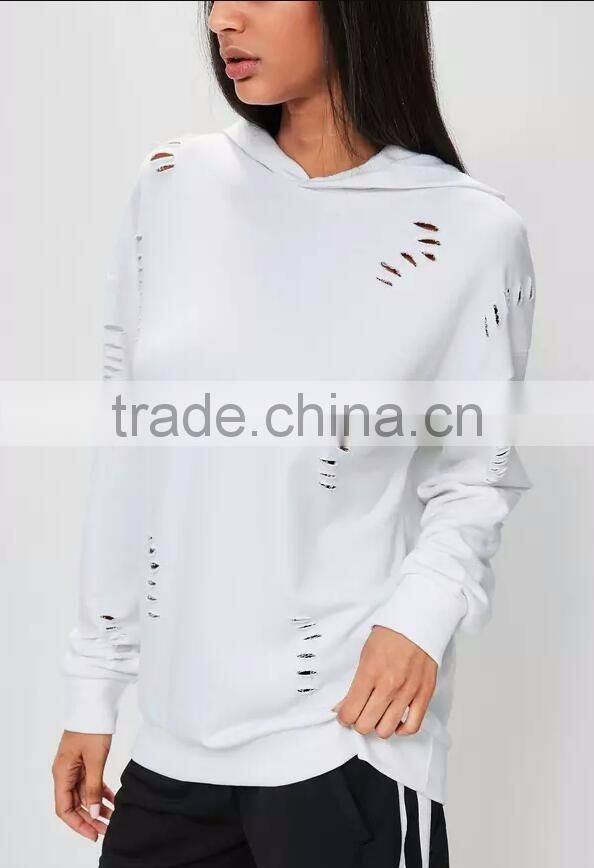 White Distressed Oversized Hoodie Cut Hole Custom 100% Cotton Frech Terry Drop Shoulder Ripped With Hooded
