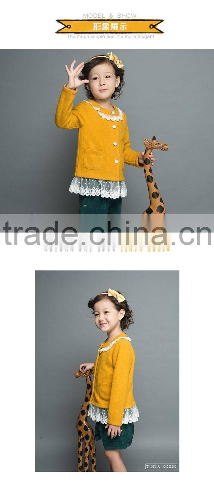 Long Sleeve Girls Knitted Outfits With Lace Girls Boutique Clothing For 2017 Spring Children Clothing OEM Service