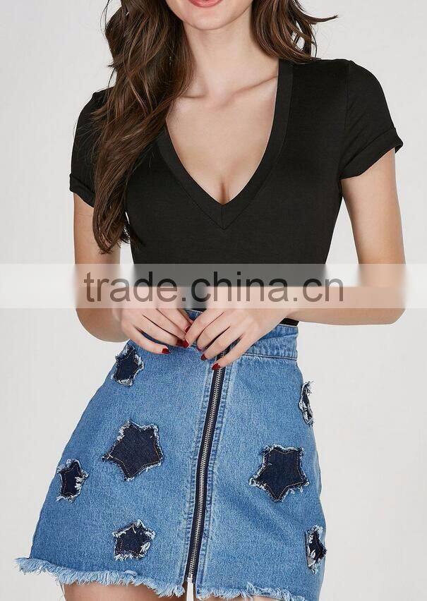 Runwaylover Rolled Short Sleeve V Neck Bodysuit For Women