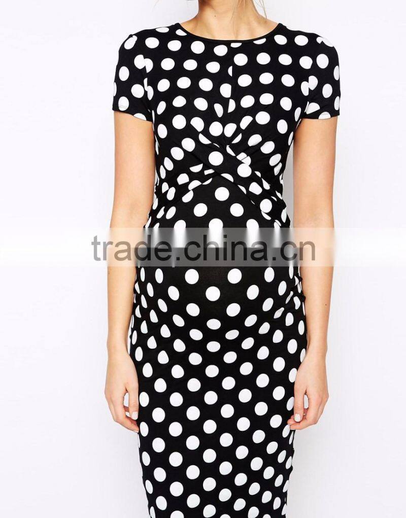 2016 Latest body conscious polka dot maternity dress with cross front
