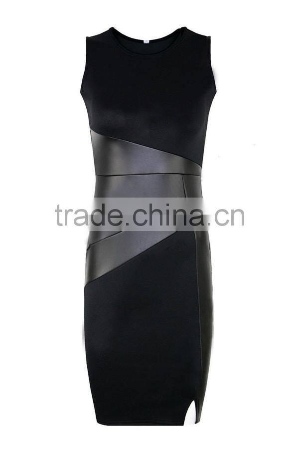 2017 women sexy round-collar panelled stitching leather high-waisted casual dress party dresses