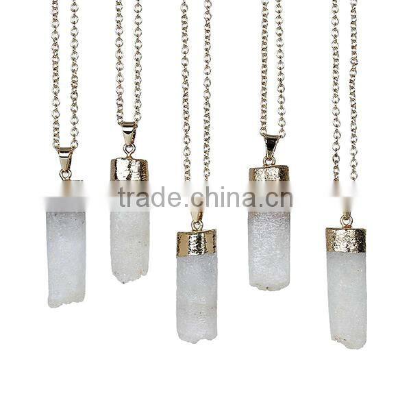 New Fashion Link Cable Chain Gold Plated Cylinder White Pendant Quartz Crystal Druzy Necklace
