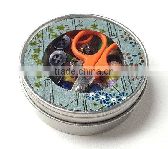 metal Tin filled with sewing Kit Notions
