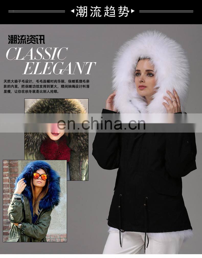 Fashion Women Black Jacket With Raccoon Collar And White Fox Fur Coat