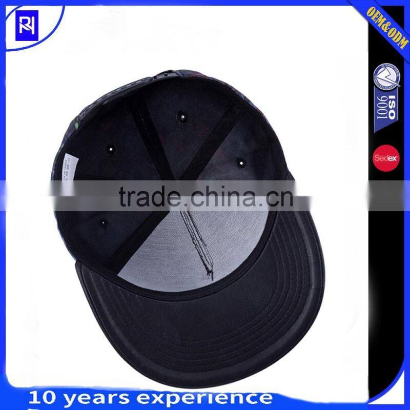 New fashion Digital printing pattern fabric 5 panel snapback hats with leather brim
