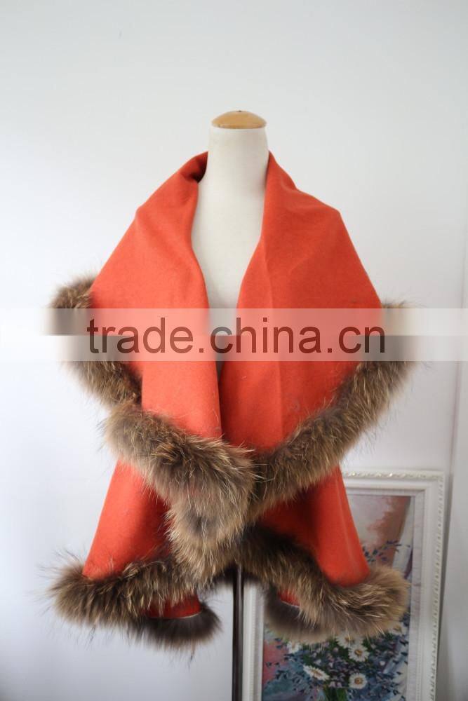 Glamour Style Cashmere Shawl Fluffy Raccoon Fur Trim Pashmina Cape Poncho