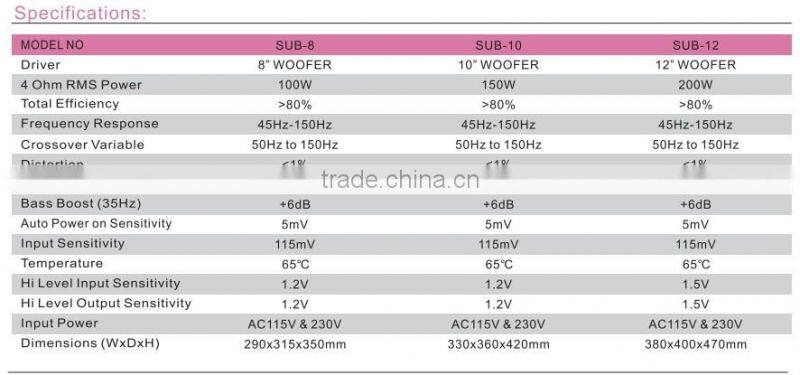 SUB-8 dongguan supply 8 inch professional hi-fi active Subwoofer
