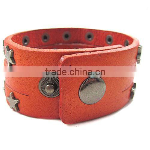 Handmade Wide Leather Skulls & Stars Wrap Bracelet
