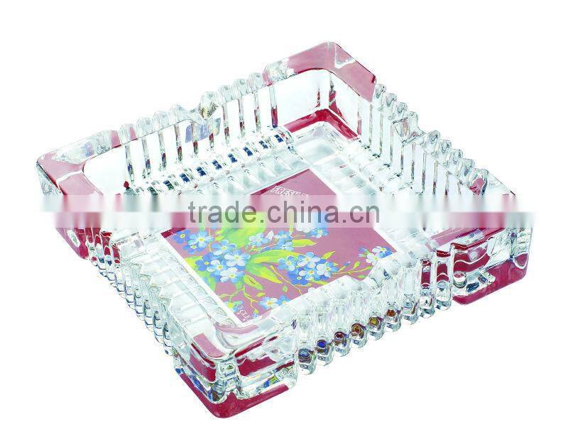 Glass ashtray with decal and spray color,high quality glass ashtray