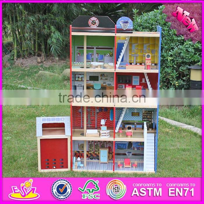 2016 New design children big wooden toy fire station for sale W06A138
