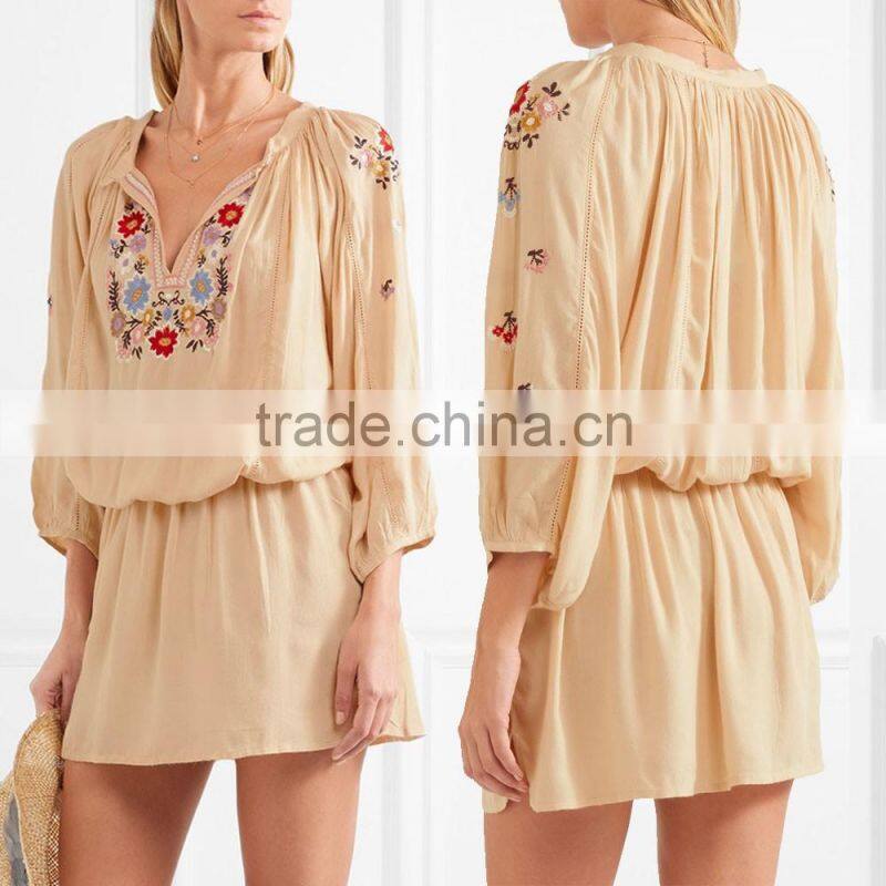 Boho Clothing Colorful Floral Embroidery Designs Mini Dress Swimwear Cover up 2016 HSD5839