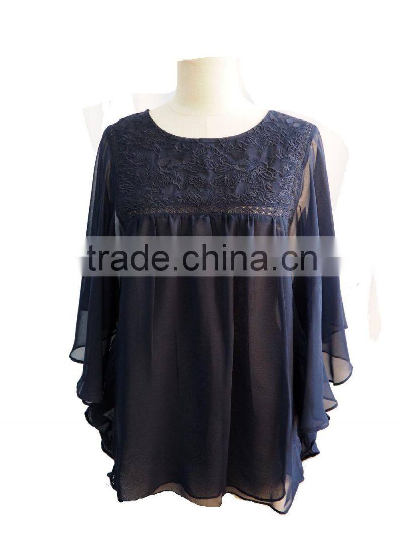 Sexy Chiffon Fluffy Bat Sleeve with Floral Embroidery Design Ladies Blouse Top