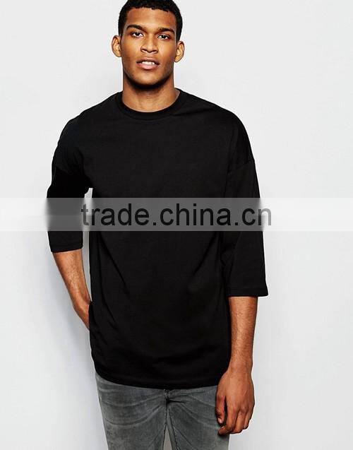 Men oversized 3/4 sleeves dropped shoulders black t-shirt OEM supplier in China