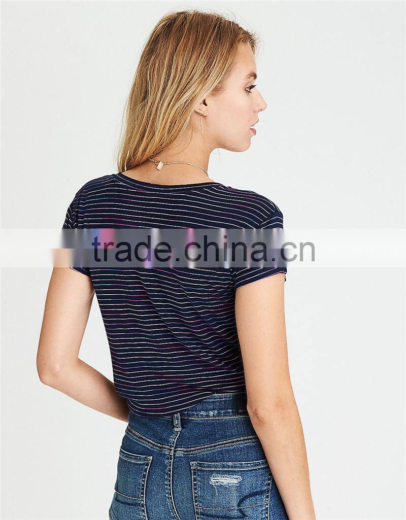 MGOO Factory Supplied Deep V Neck Curved Hems T Shirts Women Stripe Sublimation Printing T Shirt