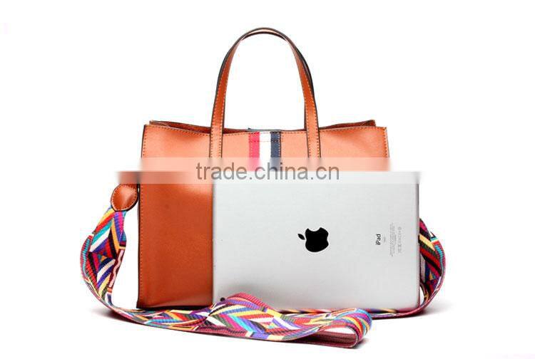 Top-Grade Simple Design Leather Hand Bags Color Straps Women Tote Handbag