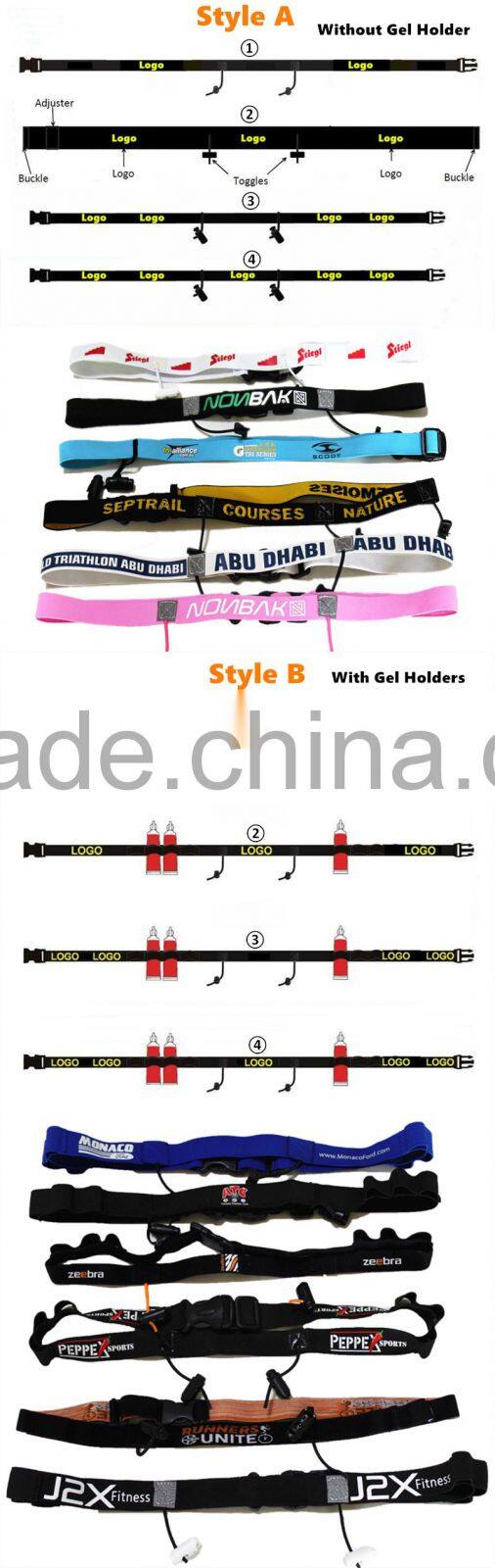 Customized Race Number Belt with Gel Holders - 6 belt colors - IronMan Triathlon Stretch Woven Logo Race Bibs Number Belt