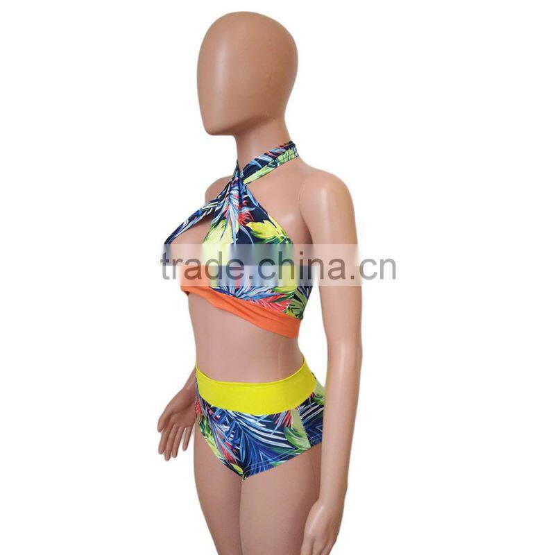 Polyester Bikini backless two piece printed leaf pattern Sold By Set