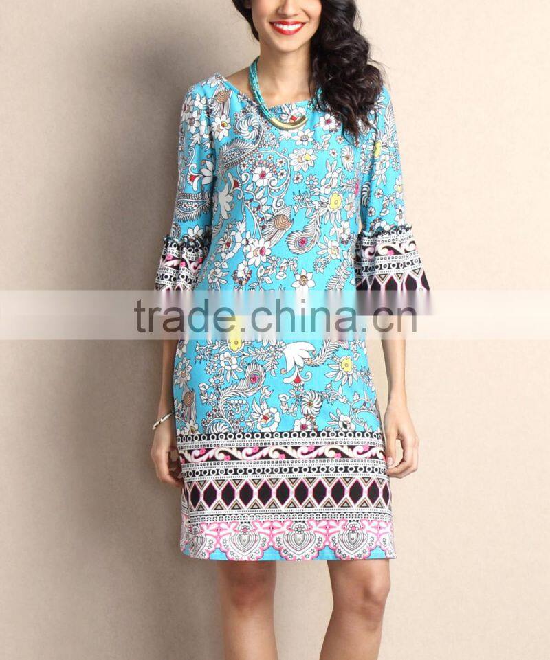 New Summer Women Dresses With Light Blue Floral Bell-Sleeve Shift Dress Women Flower Dress Women Clothes GD90426-54