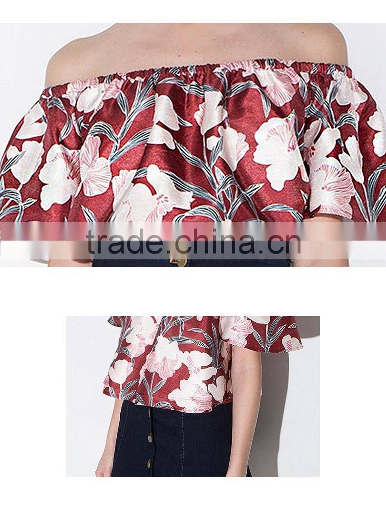 2016 ladies floral printing cross-collar boat neck strapless vintage shirt/blouse