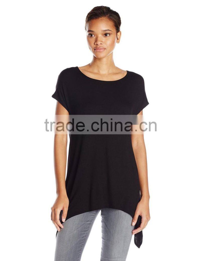 Women's Scoop Neck Short Sleeve Sharkbite Hem Comfy Knit 100% Cotton Tunic Top