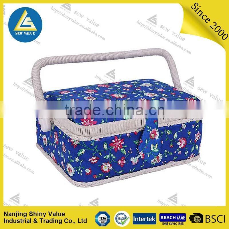 wholesale rectangle cotton fabric PP cord covering sewing baskets with handle & Pincushion & Removable Tray - Patchwork