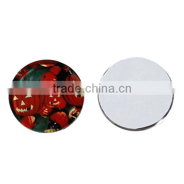 Glass Dome Seals Cabochons Round Flatback Red & Green Halloween Pumpkin Leaves Pattern Transparent 20mm Dia