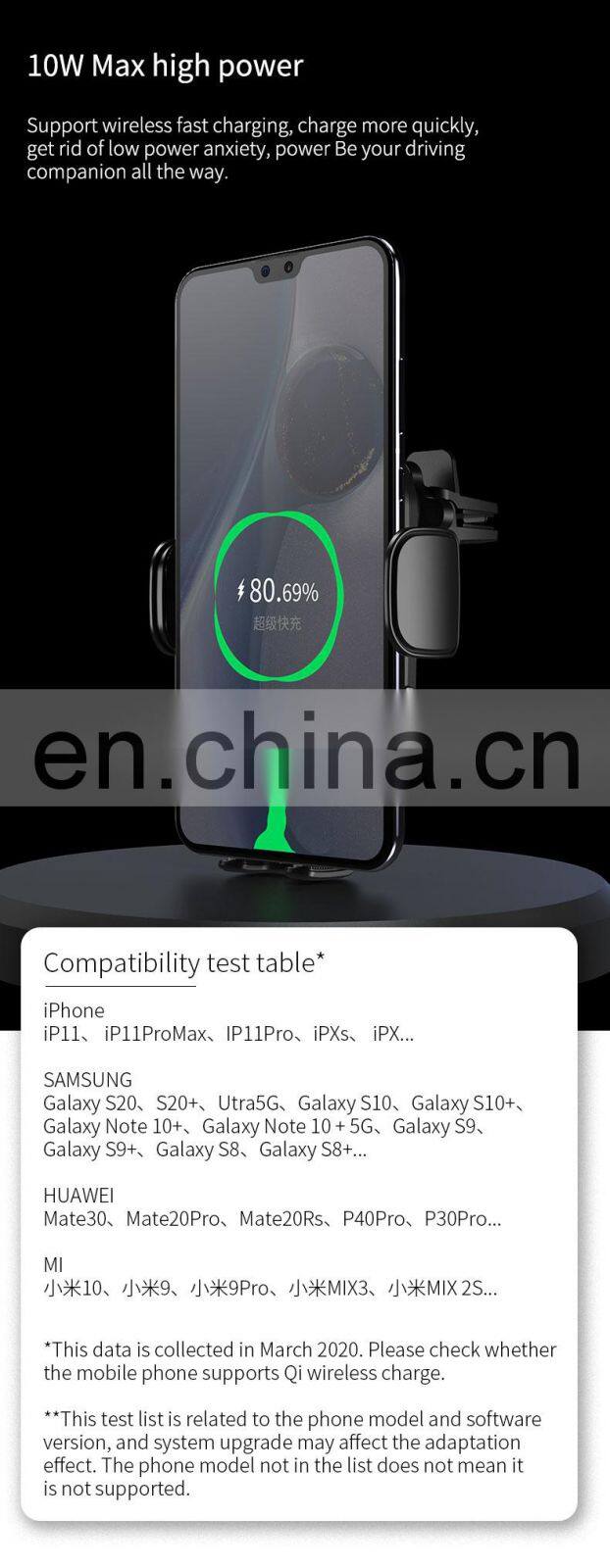 2020 New Product Car Charger Oem Wholesale Qi Certification Car Wireless Charger 10W 15W 12V Car Charger For Iphone