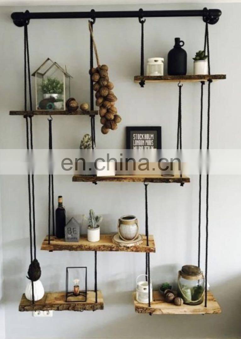 Boho Decor Wall Hanging 3 Tier Rope Wooden Floating wall hanging Shelf