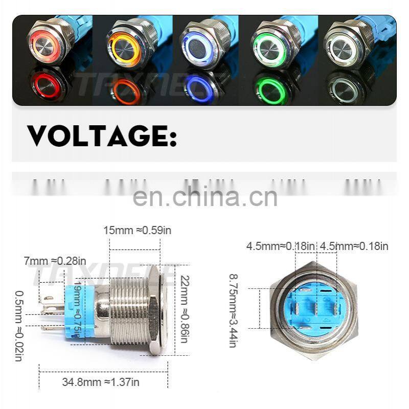 19mm Metal annular Push Button Switch 12V 24V 110V 220V LED Lamp Illumination Waterproof Momentary Latching Switch Ring Light
